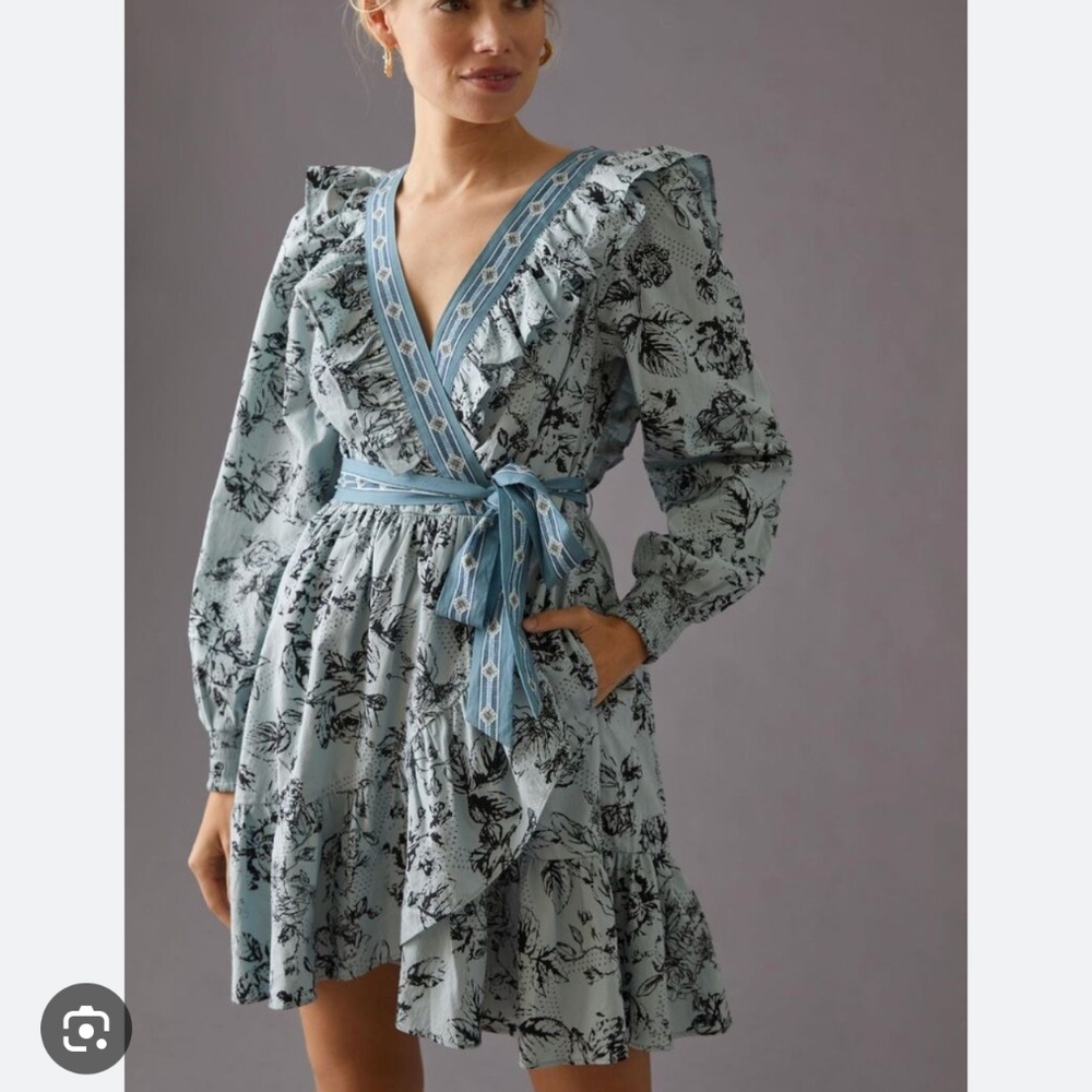 Anthropologie Ruffle Floral Wrap Long Sleeve Mini Dress. Size XS.